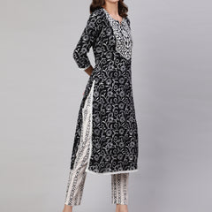 Black Pure Cotton Embroidered Round Neck Straight Kurta, Pant & Dupatta Set For Women Mizaz Jaipur