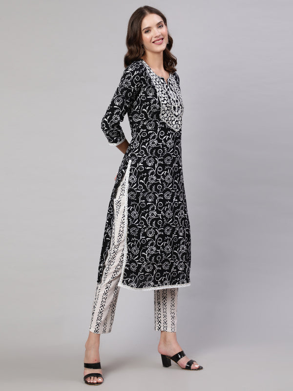 Black Pure Cotton Embroidered Round Neck Straight Kurta, Pant & Dupatta Set For Women Mizaz Jaipur