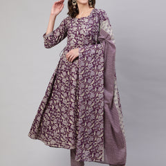 Purple Pure Cotton Floral Round Neck Anarkali Kurta, Pant & Dupatta Set For Women Mizaz Jaipur