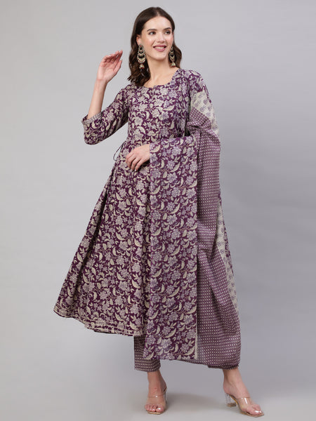 Purple Pure Cotton Floral Round Neck Anarkali Kurta, Pant & Dupatta Set For Women Mizaz Jaipur