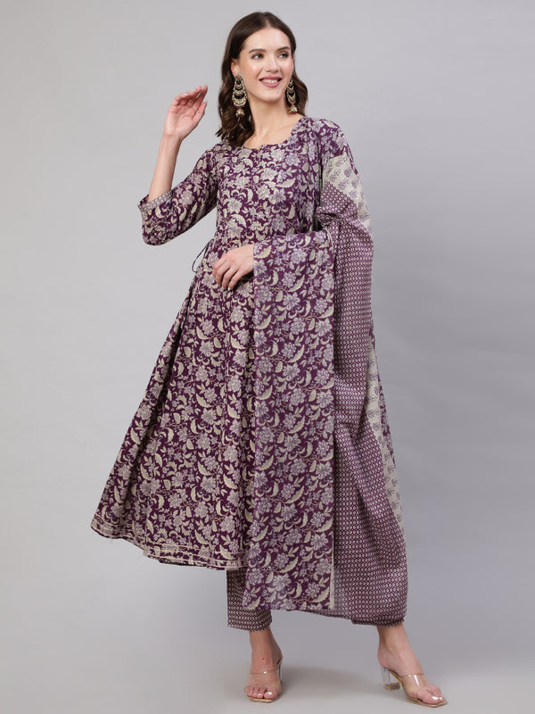 Purple Pure Cotton Floral Round Neck Anarkali Kurta, Pant & Dupatta Set For Women Mizaz Jaipur