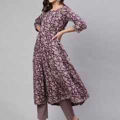 Purple Pure Cotton Floral Round Neck Anarkali Kurta, Pant & Dupatta Set For Women Mizaz Jaipur