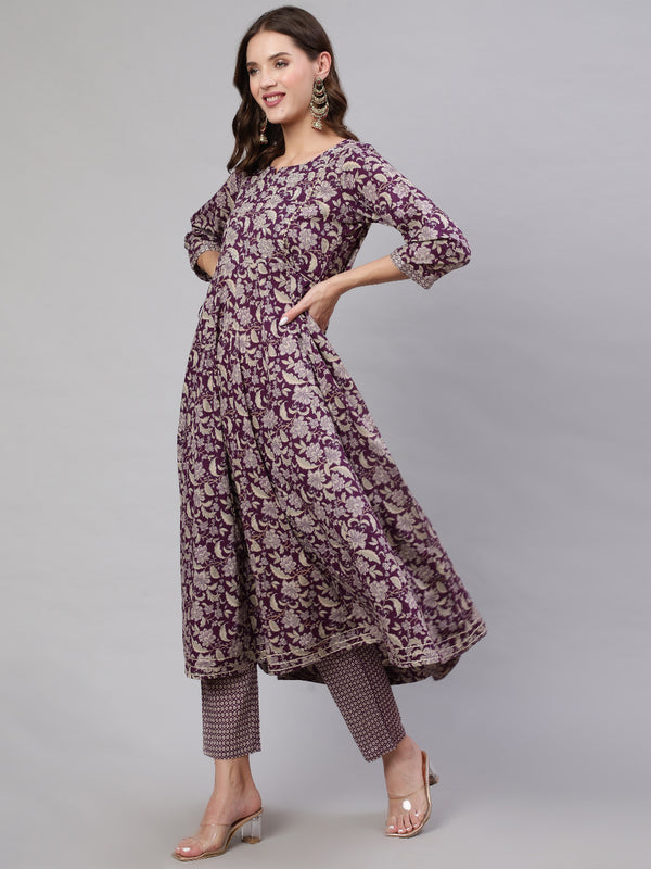 Purple Pure Cotton Floral Round Neck Anarkali Kurta, Pant & Dupatta Set For Women Mizaz Jaipur