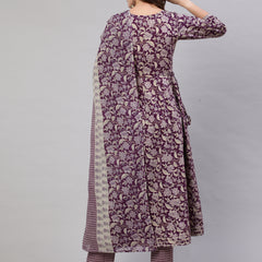 Purple Pure Cotton Floral Round Neck Anarkali Kurta, Pant & Dupatta Set For Women Mizaz Jaipur