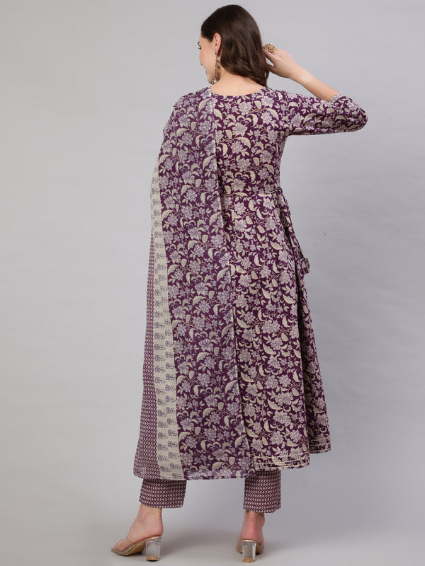 Purple Pure Cotton Floral Round Neck Anarkali Kurta, Pant & Dupatta Set For Women Mizaz Jaipur