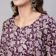 Purple Pure Cotton Floral Round Neck Anarkali Kurta, Pant & Dupatta Set For Women Mizaz Jaipur