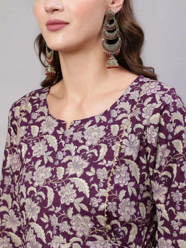 Purple Pure Cotton Floral Round Neck Anarkali Kurta, Pant & Dupatta Set For Women Mizaz Jaipur