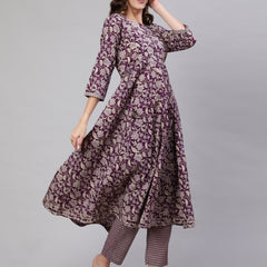 Purple Pure Cotton Floral Round Neck Anarkali Kurta, Pant & Dupatta Set For Women Mizaz Jaipur