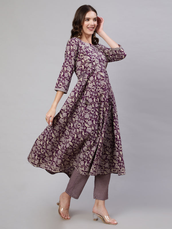 Purple Pure Cotton Floral Round Neck Anarkali Kurta, Pant & Dupatta Set For Women Mizaz Jaipur
