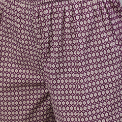 Purple Pure Cotton Floral Round Neck Anarkali Kurta, Pant & Dupatta Set For Women Mizaz Jaipur