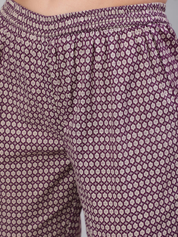 Purple Pure Cotton Floral Round Neck Anarkali Kurta, Pant & Dupatta Set For Women Mizaz Jaipur