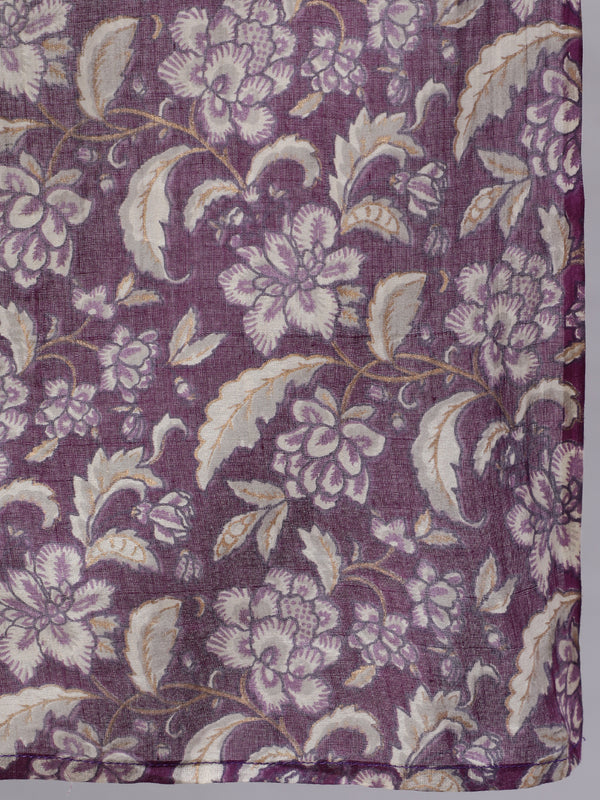 Purple Pure Cotton Floral Round Neck Anarkali Kurta, Pant & Dupatta Set For Women Mizaz Jaipur