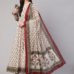 Cream Pure Cotton Floral V Neck Anarkali Kurta, Pant & Dupatta Set For Women Mizaz Jaipur