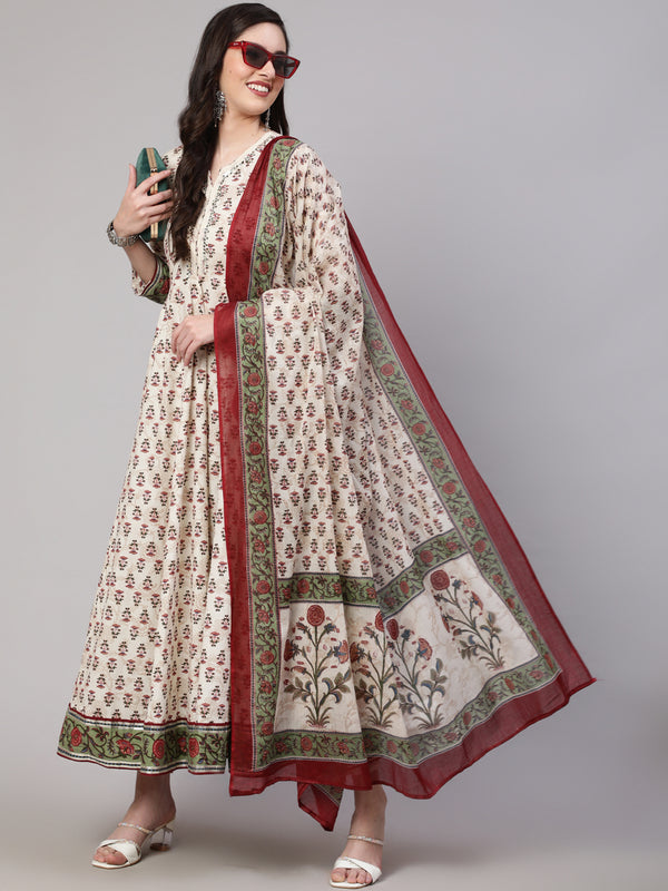 Cream Pure Cotton Floral V Neck Anarkali Kurta, Pant & Dupatta Set For Women Mizaz Jaipur
