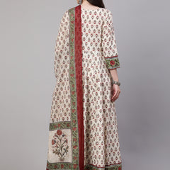 Cream Pure Cotton Floral V Neck Anarkali Kurta, Pant & Dupatta Set For Women Mizaz Jaipur