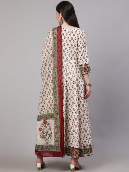 Cream Pure Cotton Floral V Neck Anarkali Kurta, Pant & Dupatta Set For Women Mizaz Jaipur