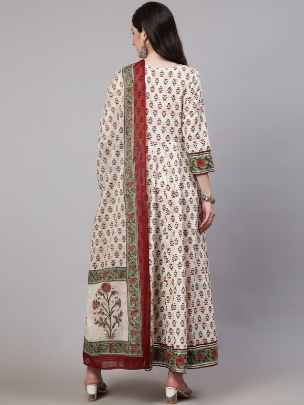 Cream Pure Cotton Floral V Neck Anarkali Kurta, Pant & Dupatta Set For Women Mizaz Jaipur