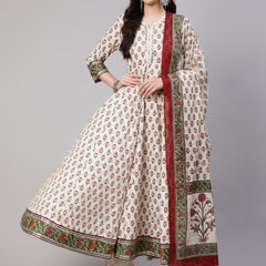 Cream Pure Cotton Floral V Neck Anarkali Kurta, Pant & Dupatta Set For Women Mizaz Jaipur