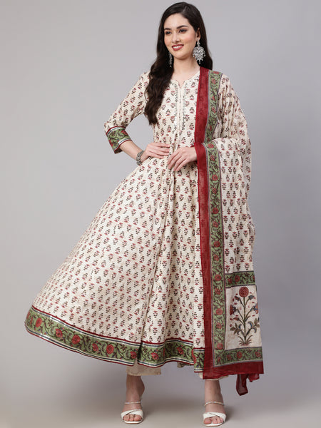 Cream Pure Cotton Floral V Neck Anarkali Kurta, Pant & Dupatta Set For Women Mizaz Jaipur