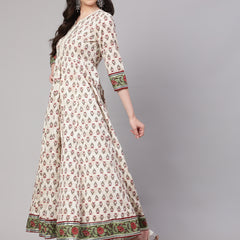 Cream Pure Cotton Floral V Neck Anarkali Kurta, Pant & Dupatta Set For Women Mizaz Jaipur