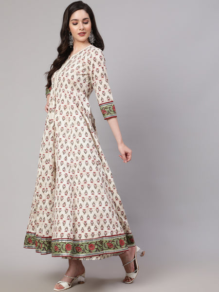Cream Pure Cotton Floral V Neck Anarkali Kurta, Pant & Dupatta Set For Women Mizaz Jaipur