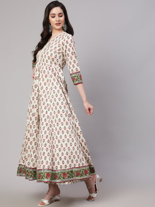 Cream Pure Cotton Floral V Neck Anarkali Kurta, Pant & Dupatta Set For Women Mizaz Jaipur