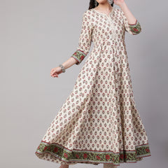 Cream Pure Cotton Floral V Neck Anarkali Kurta, Pant & Dupatta Set For Women Mizaz Jaipur