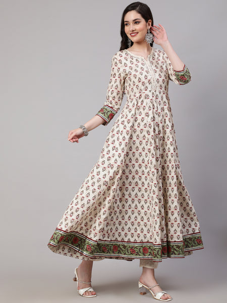 Cream Pure Cotton Floral V Neck Anarkali Kurta, Pant & Dupatta Set For Women Mizaz Jaipur