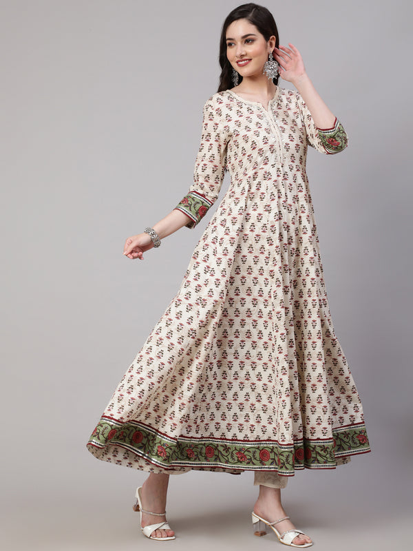 Cream Pure Cotton Floral V Neck Anarkali Kurta, Pant & Dupatta Set For Women Mizaz Jaipur