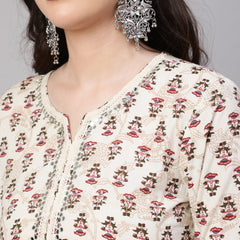 Cream Pure Cotton Floral V Neck Anarkali Kurta, Pant & Dupatta Set For Women Mizaz Jaipur