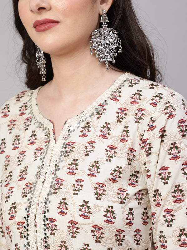 Cream Pure Cotton Floral V Neck Anarkali Kurta, Pant & Dupatta Set For Women Mizaz Jaipur
