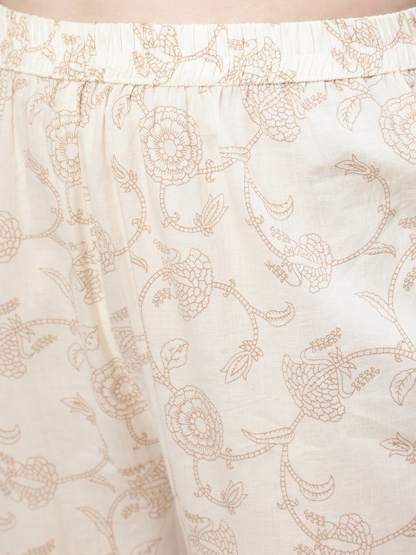 Cream Pure Cotton Floral V Neck Anarkali Kurta, Pant & Dupatta Set For Women Mizaz Jaipur