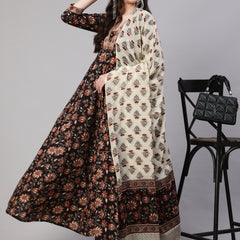 Black Pure Cotton Floral V Neck Anarkali Kurta, Pant & Dupatta Set For Women Mizaz Jaipur