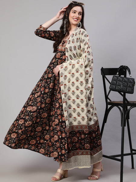 Black Pure Cotton Floral V Neck Anarkali Kurta, Pant & Dupatta Set For Women Mizaz Jaipur
