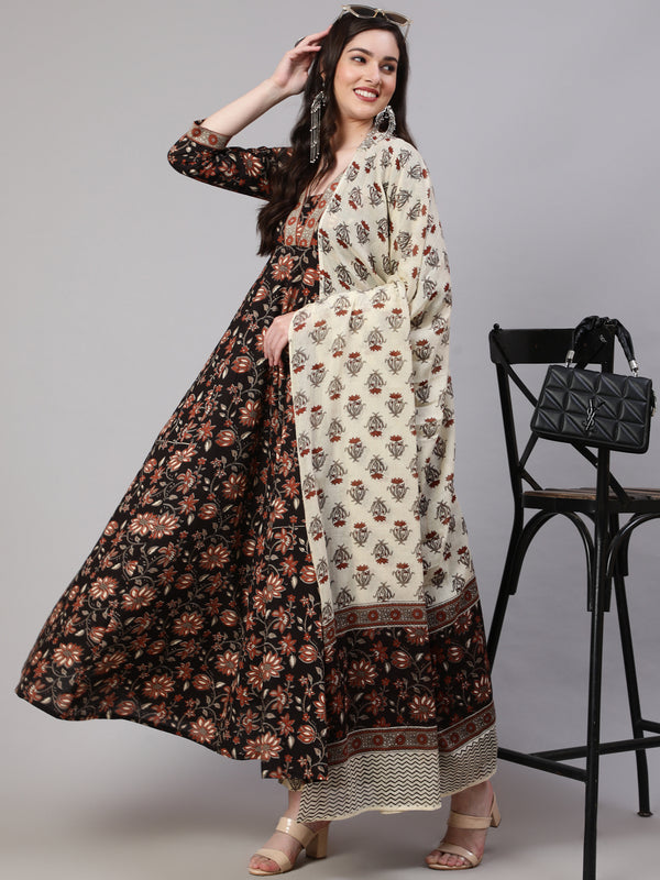 Black Pure Cotton Floral V Neck Anarkali Kurta, Pant & Dupatta Set For Women Mizaz Jaipur