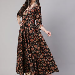 Black Pure Cotton Floral V Neck Anarkali Kurta, Pant & Dupatta Set For Women Mizaz Jaipur
