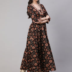 Black Pure Cotton Floral V Neck Anarkali Kurta, Pant & Dupatta Set For Women Mizaz Jaipur