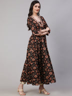 Black Pure Cotton Floral V Neck Anarkali Kurta, Pant & Dupatta Set For Women Mizaz Jaipur