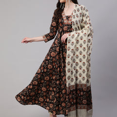 Black Pure Cotton Floral V Neck Anarkali Kurta, Pant & Dupatta Set For Women Mizaz Jaipur