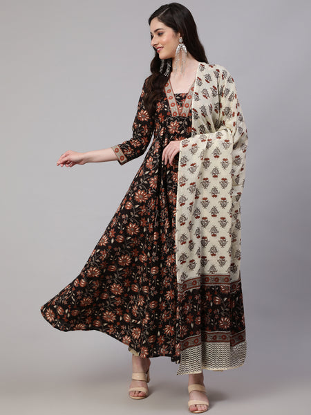 Black Pure Cotton Floral V Neck Anarkali Kurta, Pant & Dupatta Set For Women Mizaz Jaipur