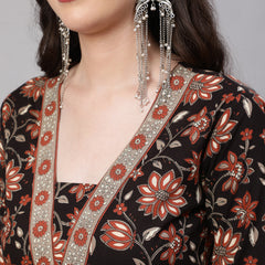 Black Pure Cotton Floral V Neck Anarkali Kurta, Pant & Dupatta Set For Women Mizaz Jaipur