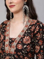 Black Pure Cotton Floral V Neck Anarkali Kurta, Pant & Dupatta Set For Women Mizaz Jaipur