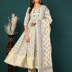 Blue Pure Cotton Floral Round Neck Flared Kurta, Pant & Dupatta Set For Women Mizaz Jaipur