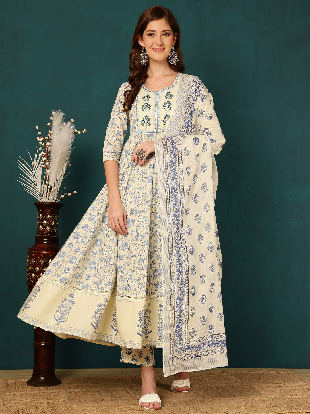 Blue Pure Cotton Floral Round Neck Flared Kurta, Pant & Dupatta Set For Women Mizaz Jaipur