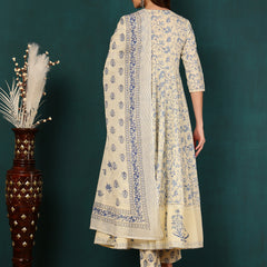 Blue Pure Cotton Floral Round Neck Flared Kurta, Pant & Dupatta Set For Women Mizaz Jaipur