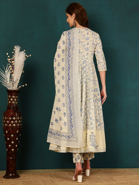 Blue Pure Cotton Floral Round Neck Flared Kurta, Pant & Dupatta Set For Women Mizaz Jaipur