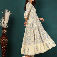 Blue Pure Cotton Floral Round Neck Flared Kurta, Pant & Dupatta Set For Women Mizaz Jaipur