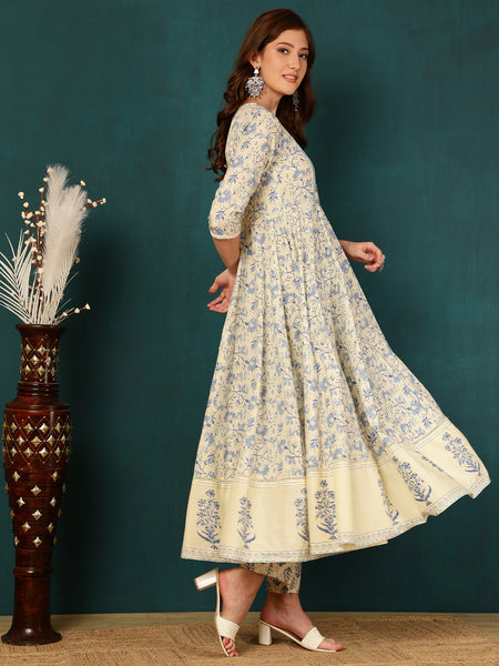 Blue Pure Cotton Floral Round Neck Flared Kurta, Pant & Dupatta Set For Women Mizaz Jaipur