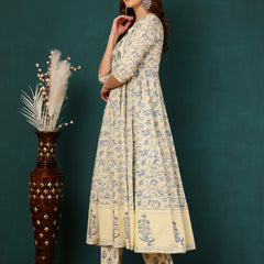 Blue Pure Cotton Floral Round Neck Flared Kurta, Pant & Dupatta Set For Women Mizaz Jaipur