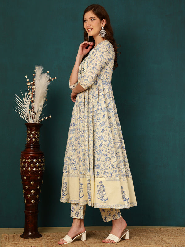 Blue Pure Cotton Floral Round Neck Flared Kurta, Pant & Dupatta Set For Women Mizaz Jaipur